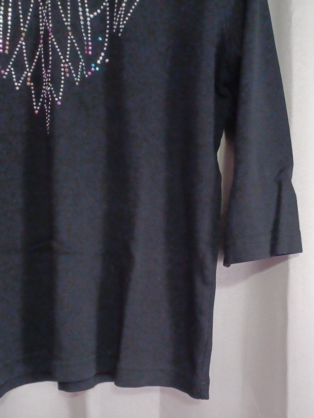 Las Olas Black V-Neck 3/4 Sleeve Combed Cotton Top Silver Teal Purple Rhinestone - Picture 7 of 14